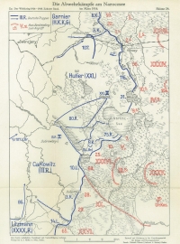 Niemiecka mapa sprzed 1939 r. przedstawiajca lini frontu niemiecko-rosyjskiego w okolicach jezior Narocz i wir w marcu 1916 r., w trakcie ofensywy rosyjskiej (18-30 marca 1916 r.) nazywanej bitw nad jeziorem Narocz lub bitw pod Postawami - kolorem niebieskim zaznaczono pozycje wojsk niemieckich, kolorem czerwonym pozycje wojsk rosyjskich. Mapa z kolekcji Jacka Szulskiego.